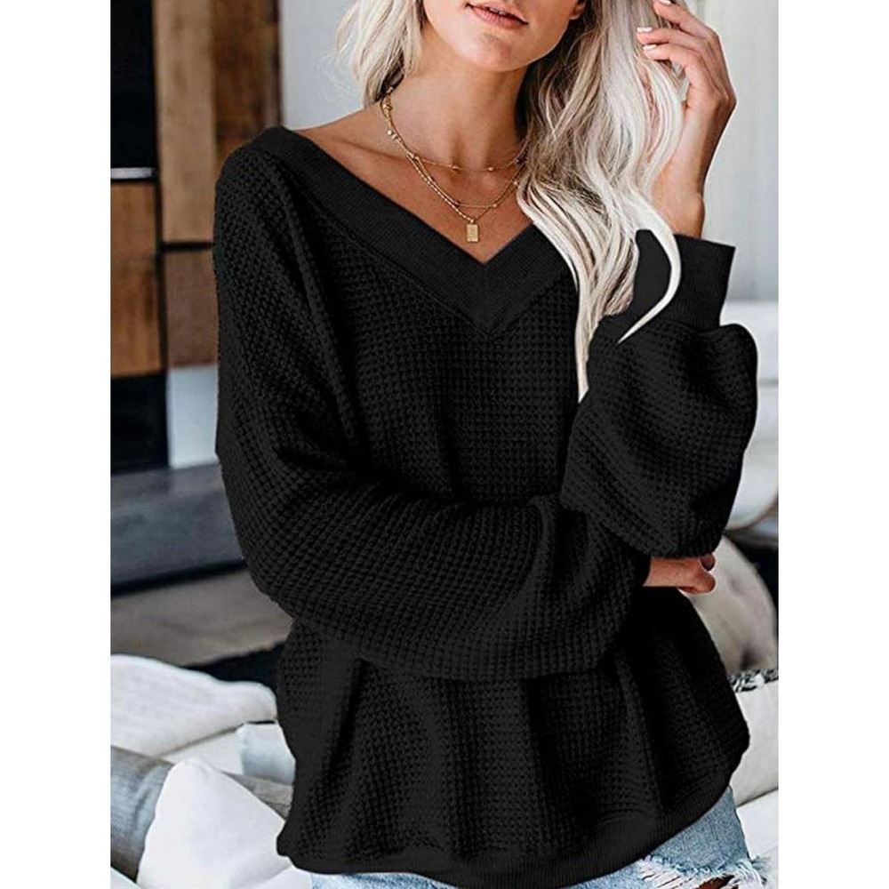 Women's V Neck Long Sleeve Waffle Knit Top Off Shoulder Oversized Pullover Shirt